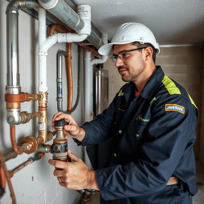 Professional gas fitter checking gas lines in a residential basement with tools, emphasizing safety and compliance