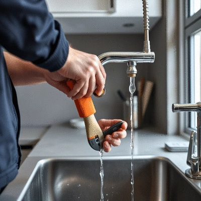 Plumber fixing a leaky faucet in a modern kitchen, close-up on hands and tools