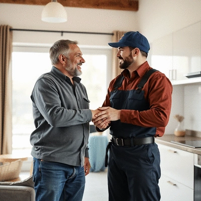 Happy homeowner shaking hands with a professional plumber in a clean, modern home environment